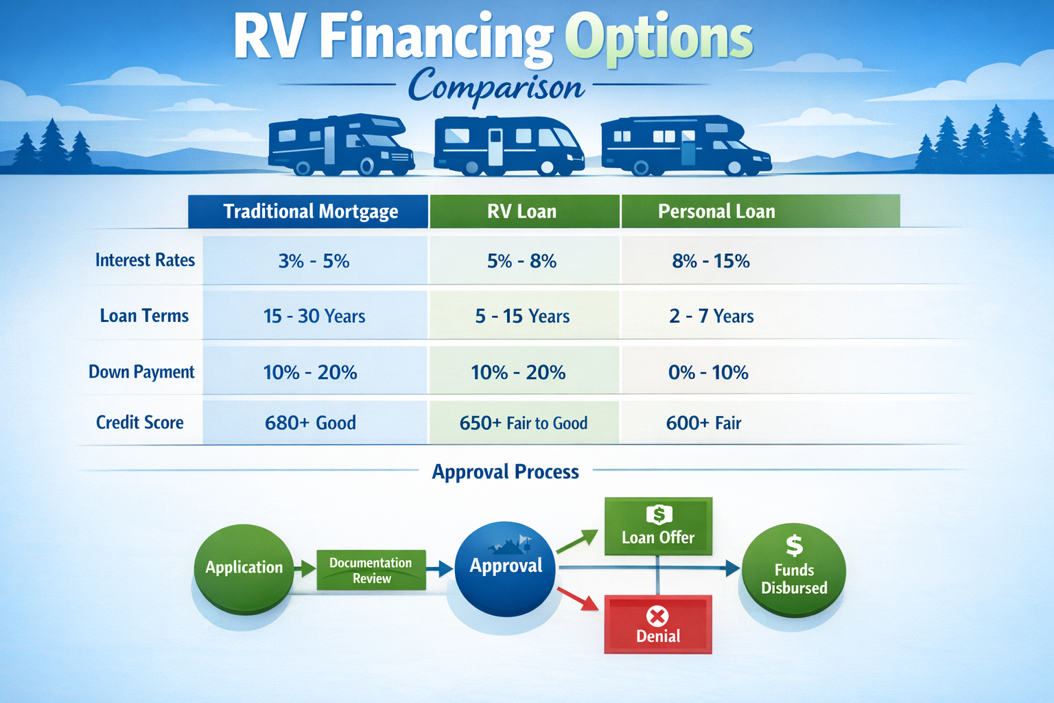 Portrait format (1024x1536) infographic showing RV financing options comparison chart with traditional mortgage vs RV loan vs personal loan,