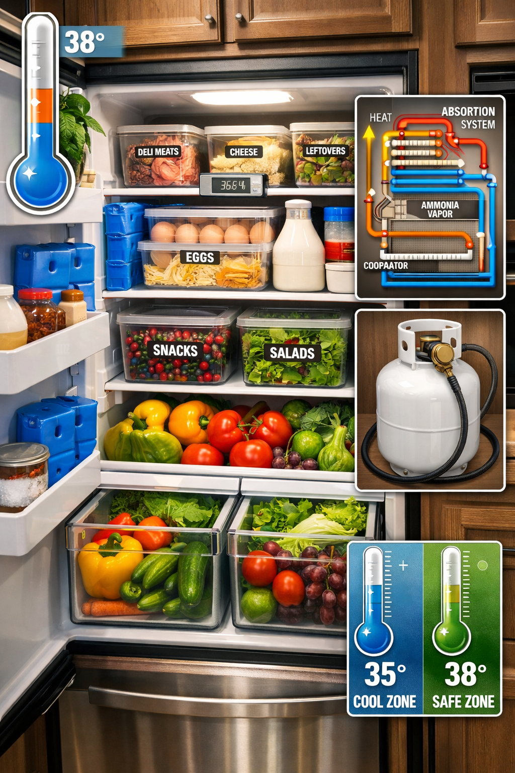Don't use text on the cover image. Portrait/Pinterest format (1024x1536) detailed image showing RV refrigerator organization system with lab