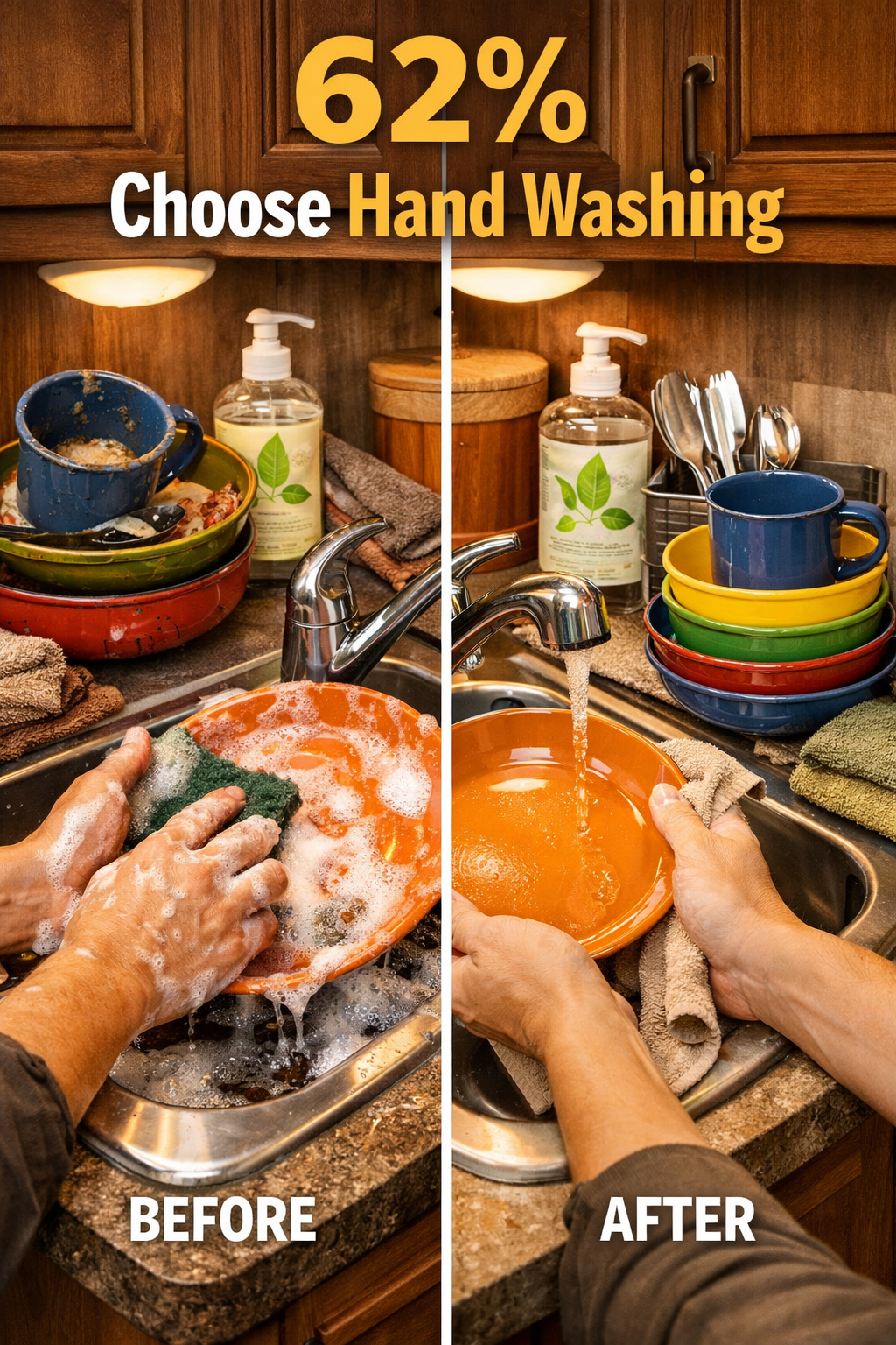 Portrait/Pinterest format (1024x1536) editorial image showing hands washing dishes in a compact RV sink with running water, bubbles, and col