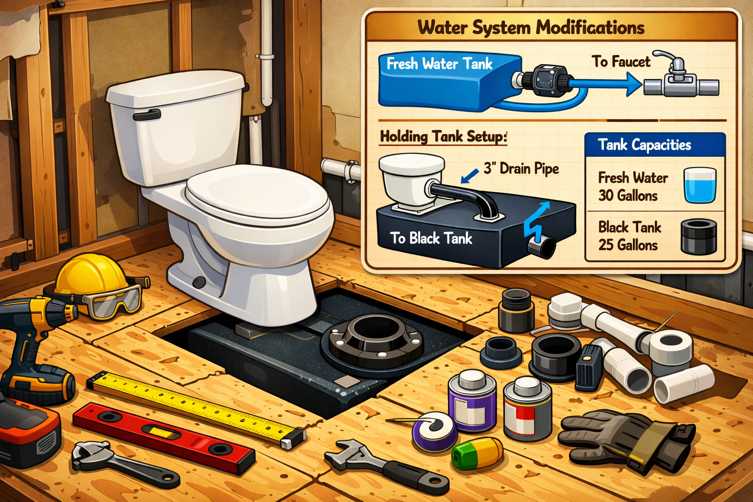 Cartoon style, vibrant colors, clean lines, Professional landscape photograph (1536x1024) depicting RV bathroom renovation in progress showi