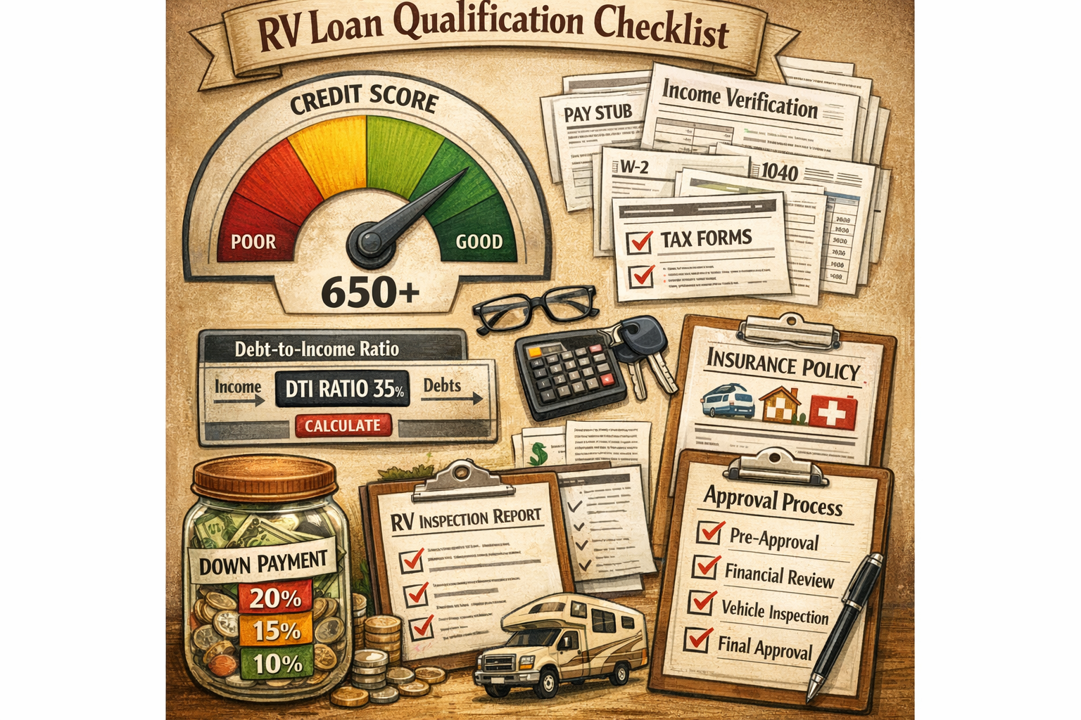 Portrait format (1024x1536) detailed illustration of RV loan qualification checklist with credit score meter showing 650+ range, income veri