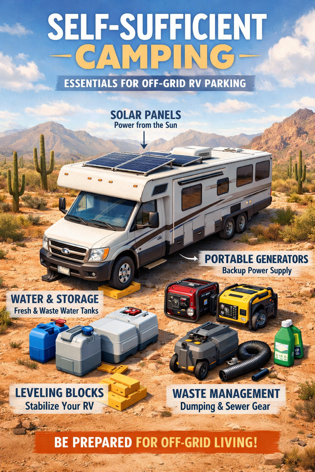 Portrait format (1024x1536) detailed illustration of boondocking essentials for off-grid RV parking, featuring solar panels on RV roof, wate