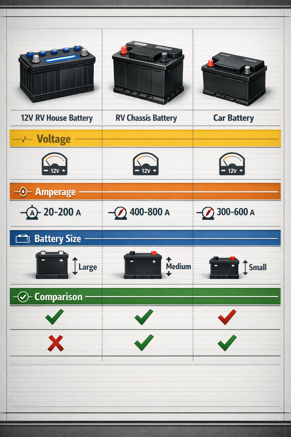 Don't use text on the cover image. Portrait format (1024x1536) technical comparison chart showing different RV battery types (12V house vs c