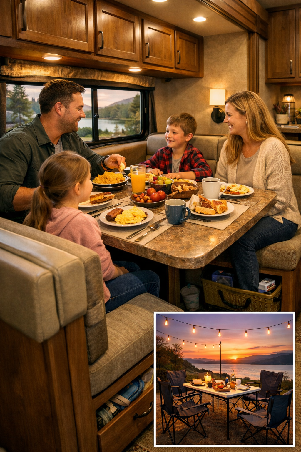 Don't use text on the cover image. Portrait/Pinterest format (1024x1536) lifestyle image of family enjoying meal at RV indoor dinette with b