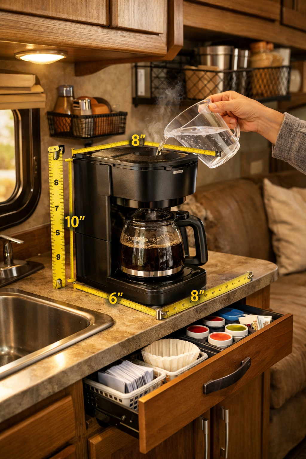 Don't use text on the cover image. Portrait/Pinterest format (1024x1536) lifestyle photograph showing compact drip coffee maker positioned o