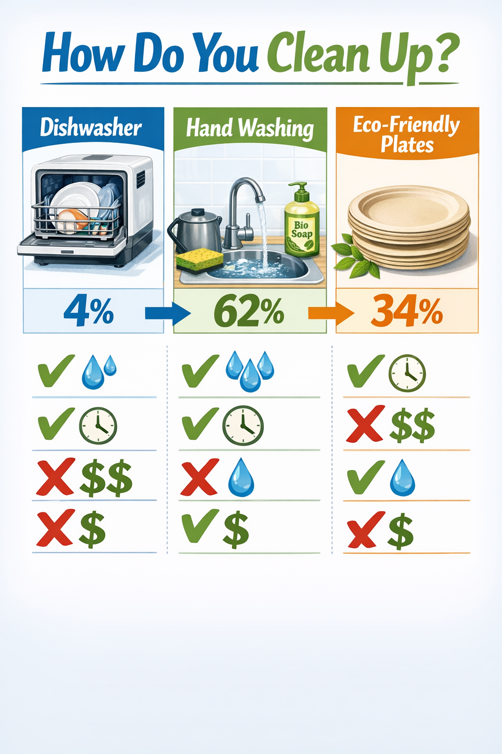 Portrait/Pinterest format (1024x1536) infographic-style image displaying three cleaning methods side-by-side: dishwasher (compact RV model),
