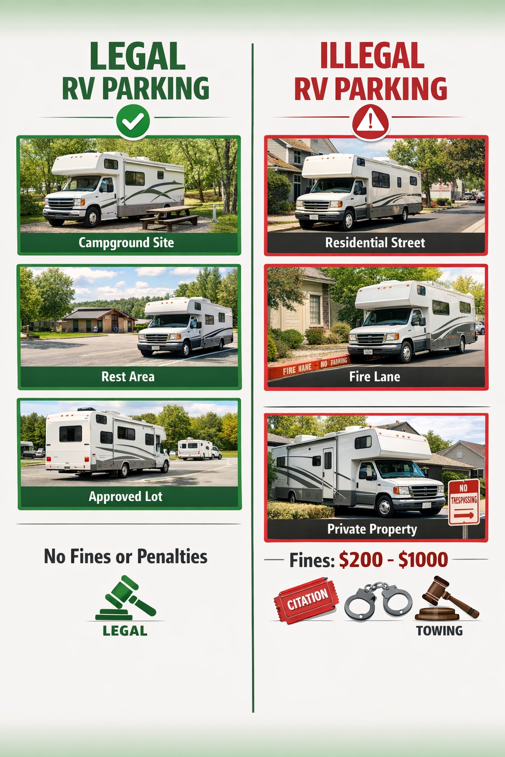 Portrait format (1024x1536) comparison chart showing legal vs illegal RV parking scenarios with side-by-side visual examples. Left side show