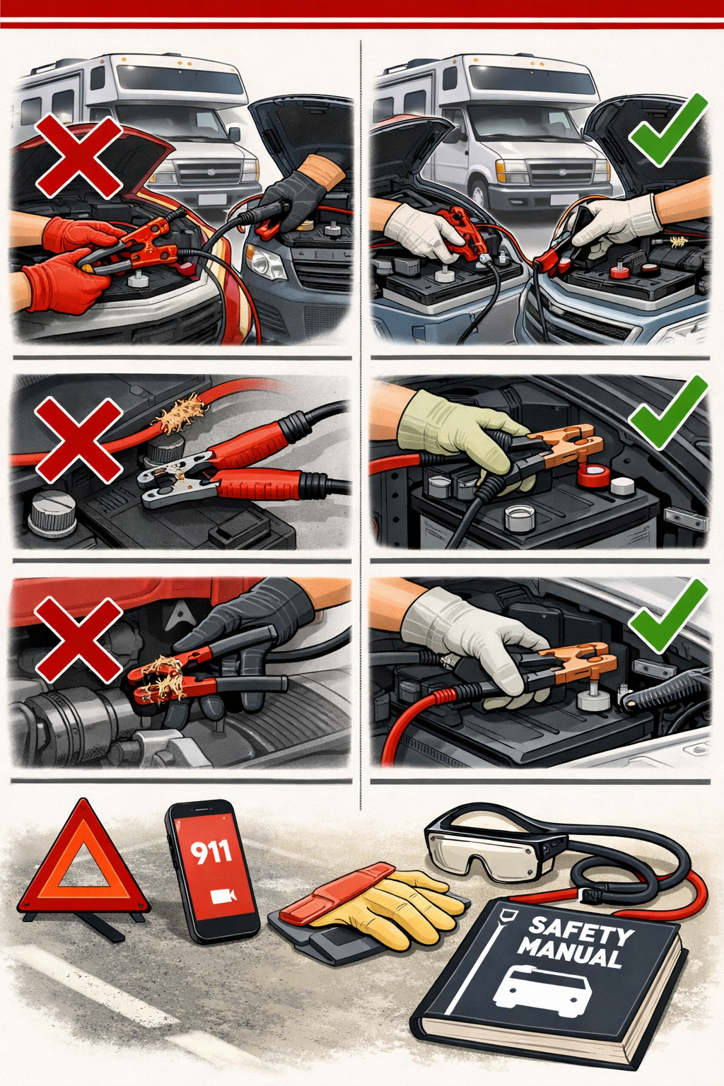 Don't use text on the cover image. Portrait format (1024x1536) safety-focused illustration showing common RV jump start mistakes and solutio