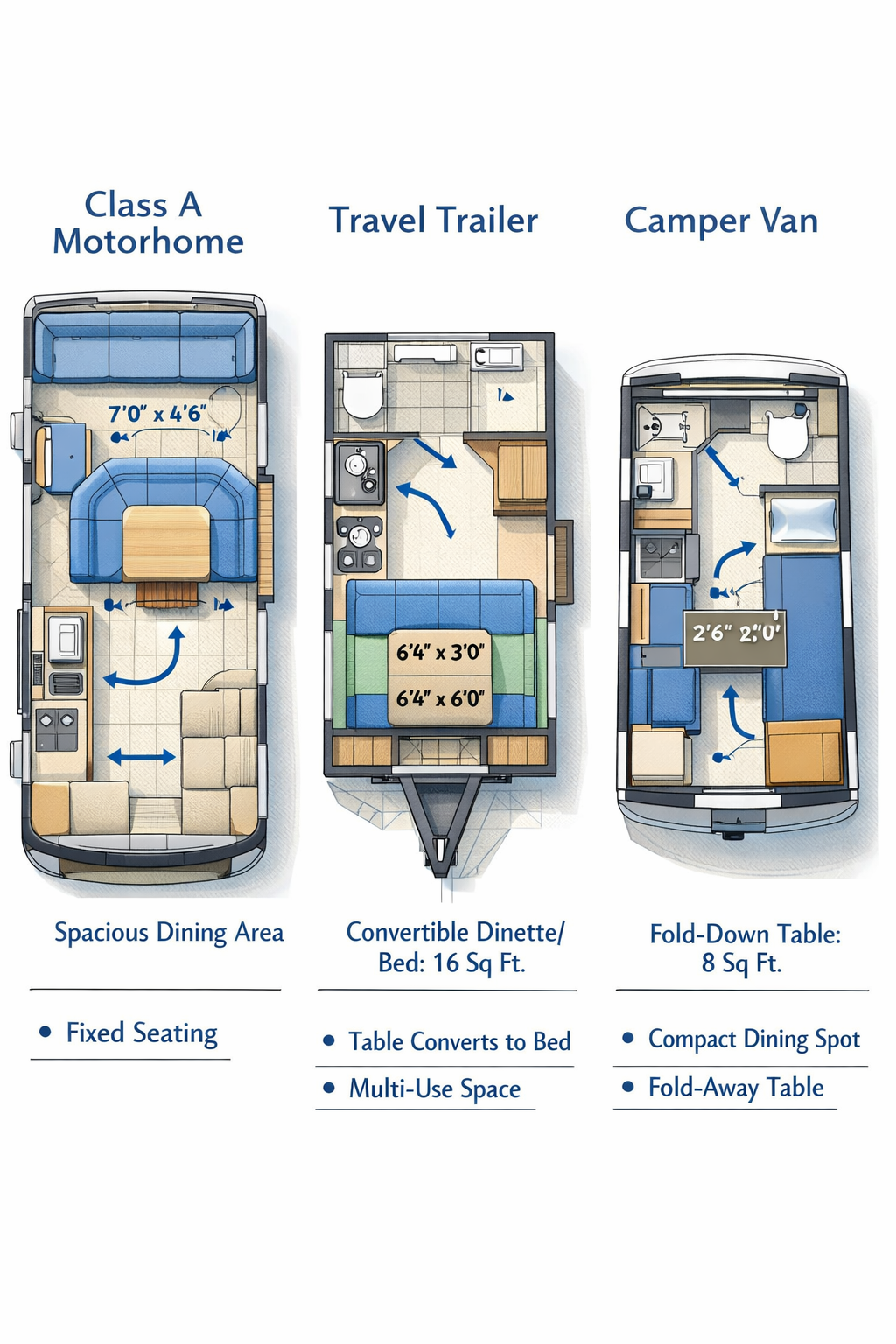Don't use text on the cover image. Portrait/Pinterest format (1024x1536) detailed floor plan comparison showing three different RV layouts s