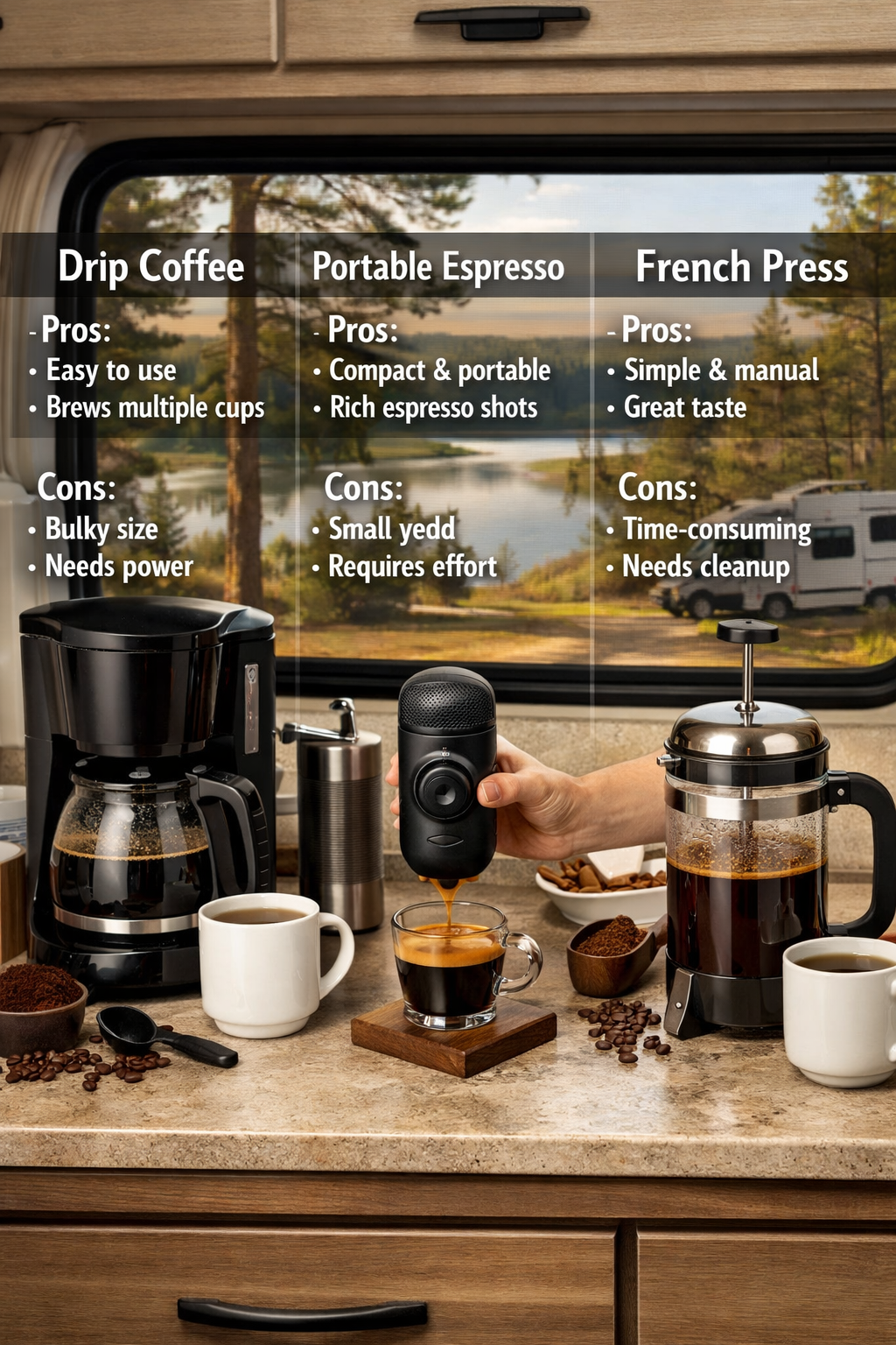 Don't use text on the cover image. Portrait/Pinterest format (1024x1536) comparison scene showing three different RV coffee setups side by s