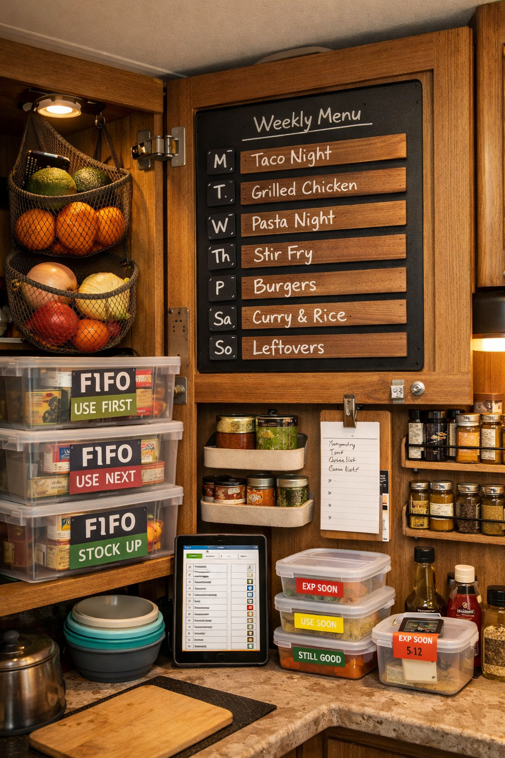 Don't use text on the cover image. Portrait/Pinterest format (1024x1536) practical RV meal planning and food rotation system visualization s