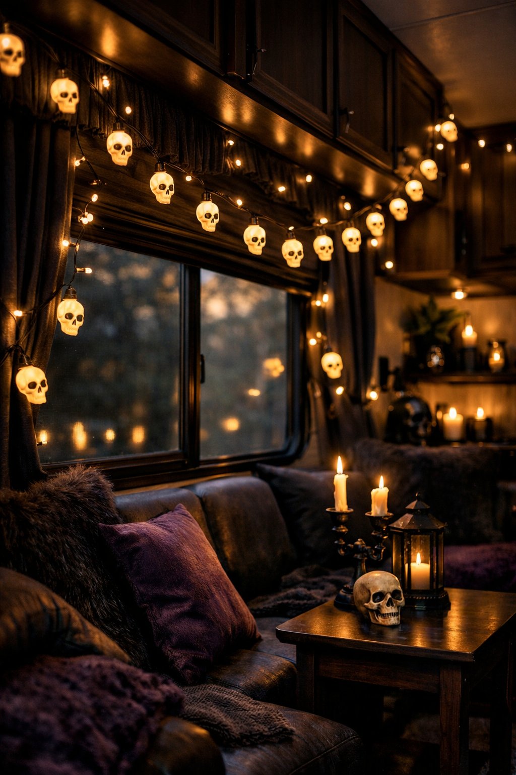 Interior of an RV decorated with skull-shaped fairy lights glowing softly around a window and dark cushions on a seating area.