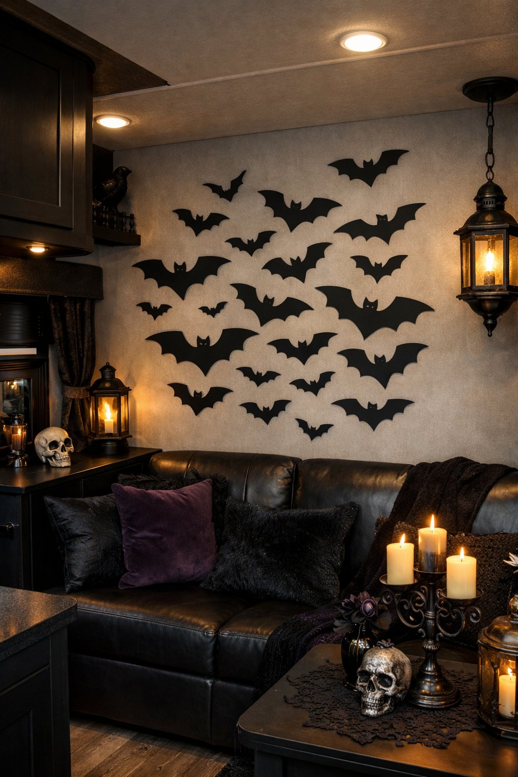 Interior of an RV with walls decorated with matte bat-shaped decals and dark furnishings.