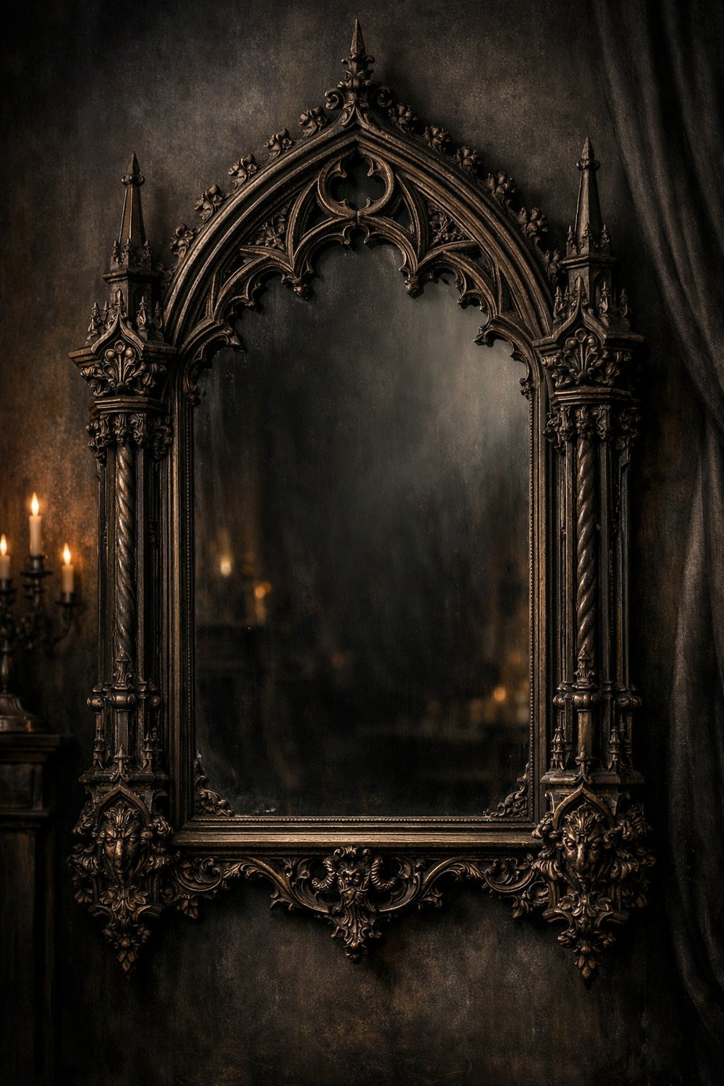 An antique mirror with a detailed carved frame hanging on a dark wall.