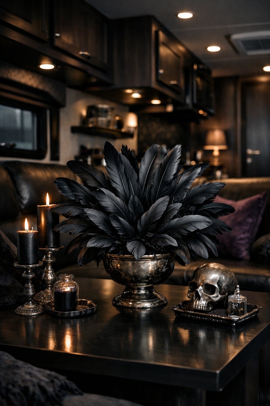 An RV interior with a table holding a centerpiece made of raven feathers surrounded by dark decor and soft lighting.