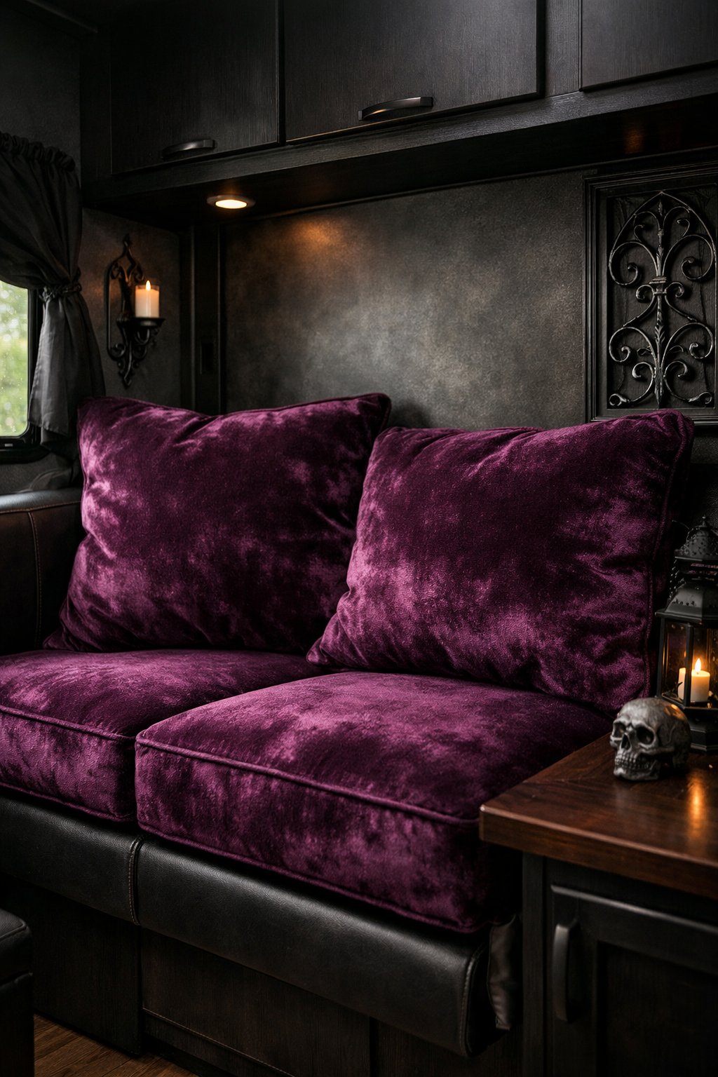 A close-up of deep plum velvet seat cushions arranged on a bench inside an RV interior.
