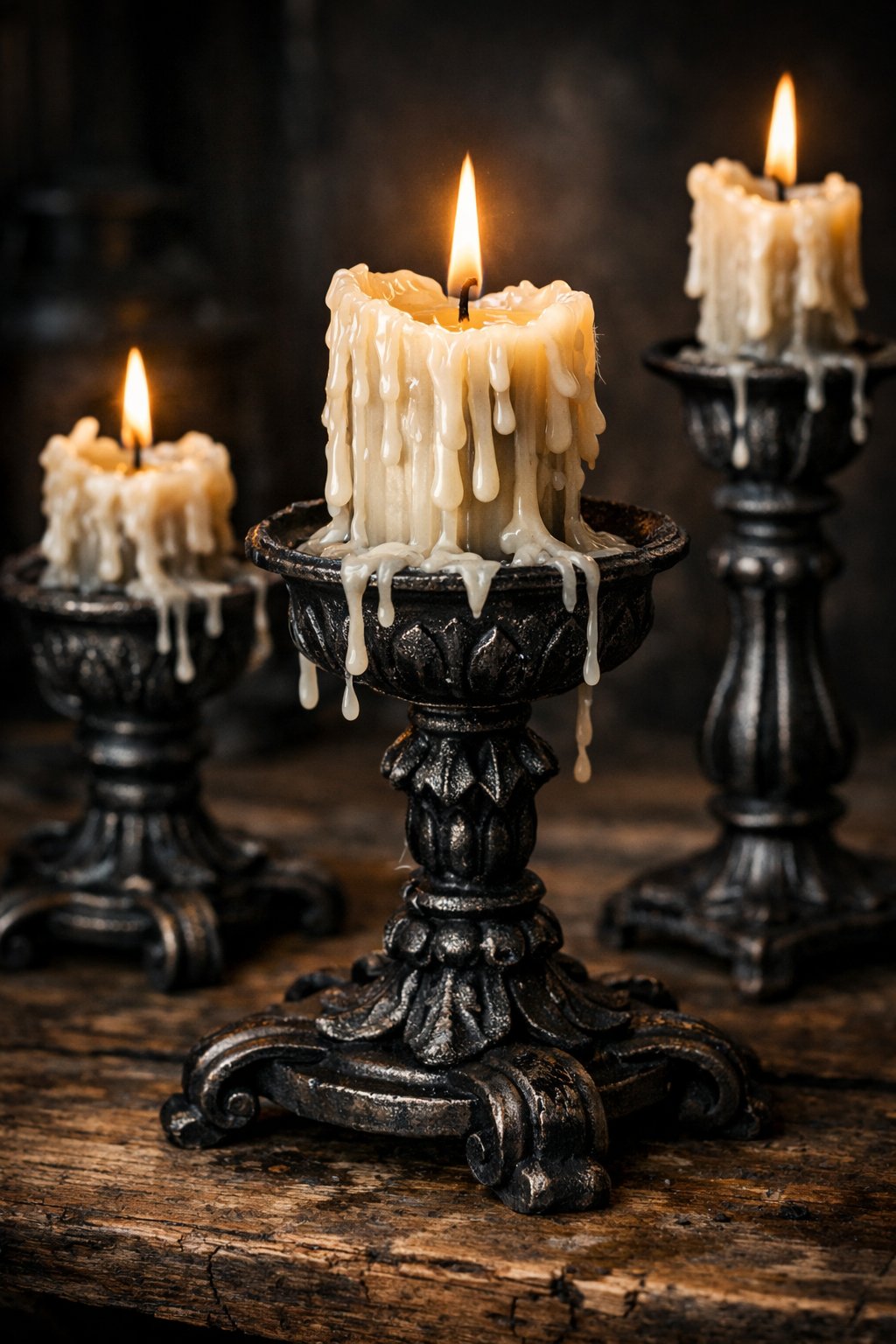 Close-up of iron candle holders with melting candles and dripping wax on a wooden surface.