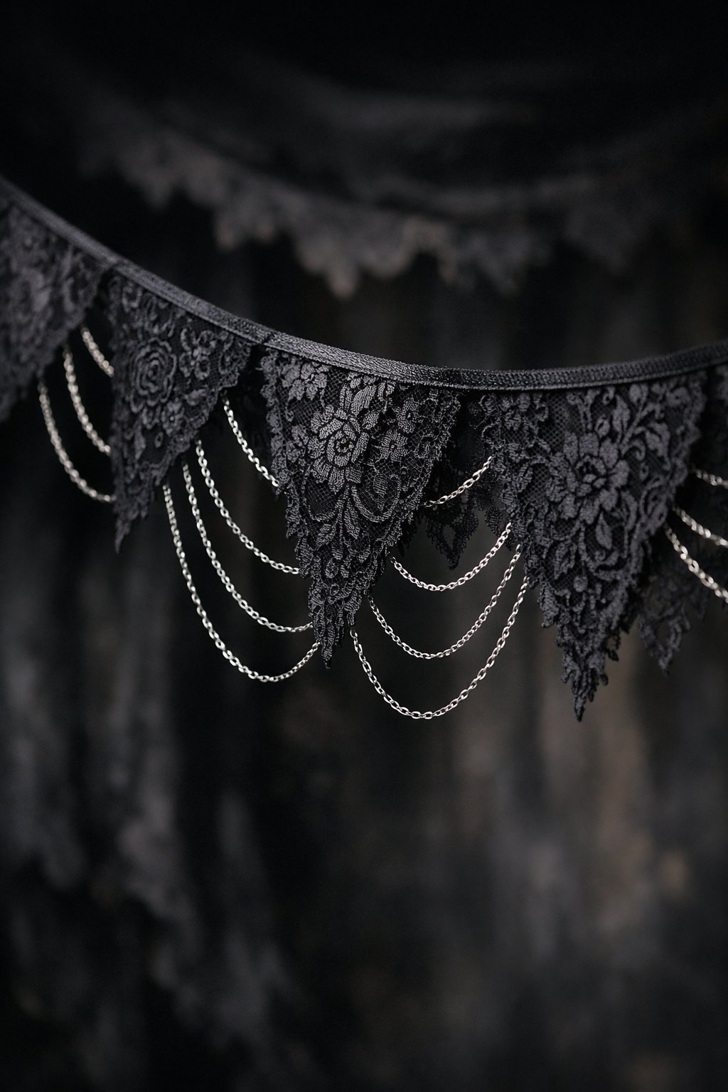 Black lace bunting decorated with silver chains hanging against a dark background.