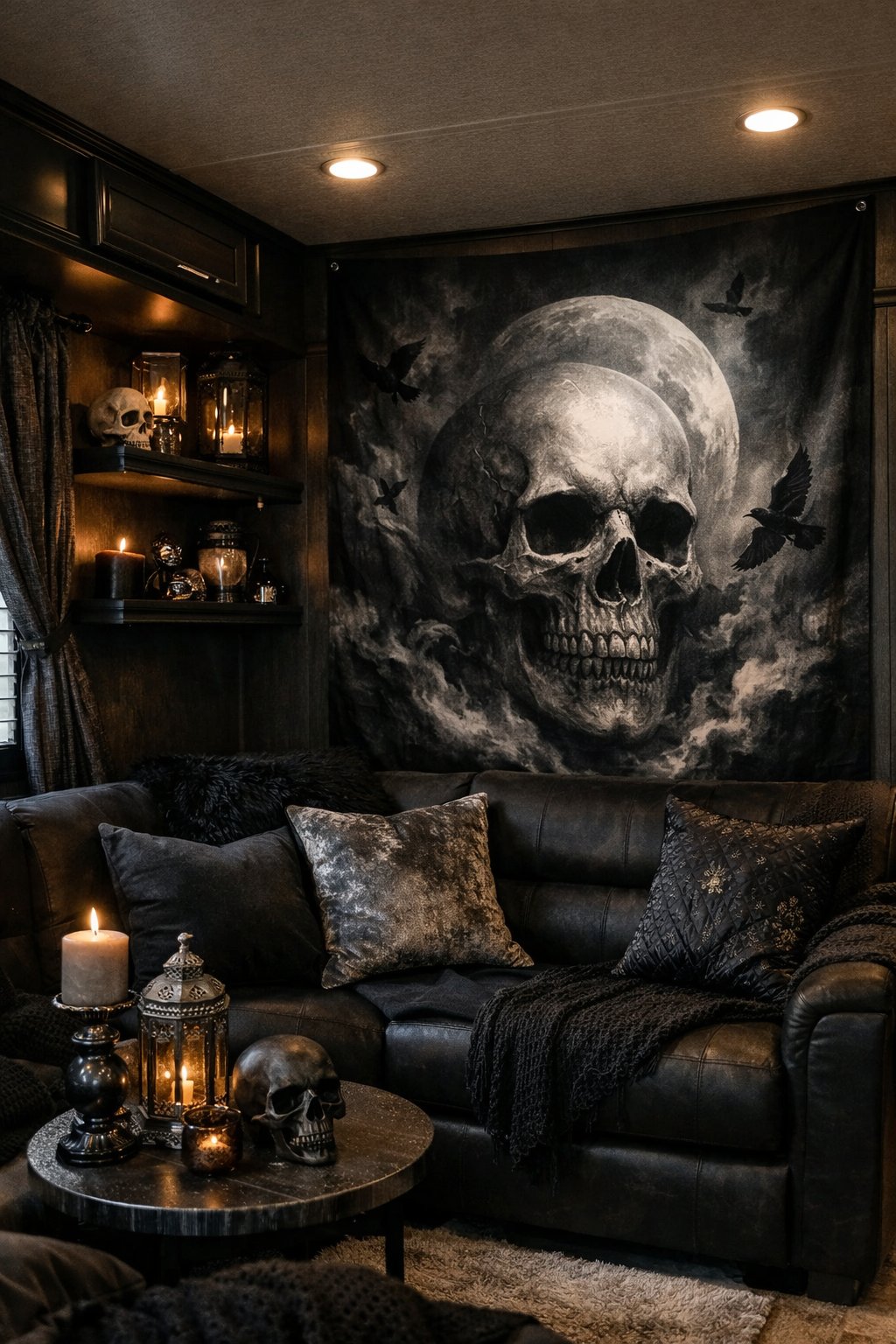 Interior of an RV featuring a dark skull print wall hanging and gothic-inspired decorations with seating and ambient lighting.
