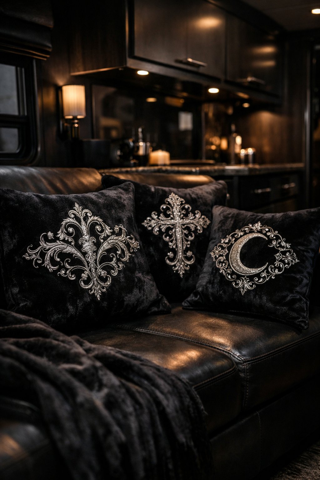 Close-up of black velvet cushions with silver embroidery arranged on seating inside a dark RV interior.