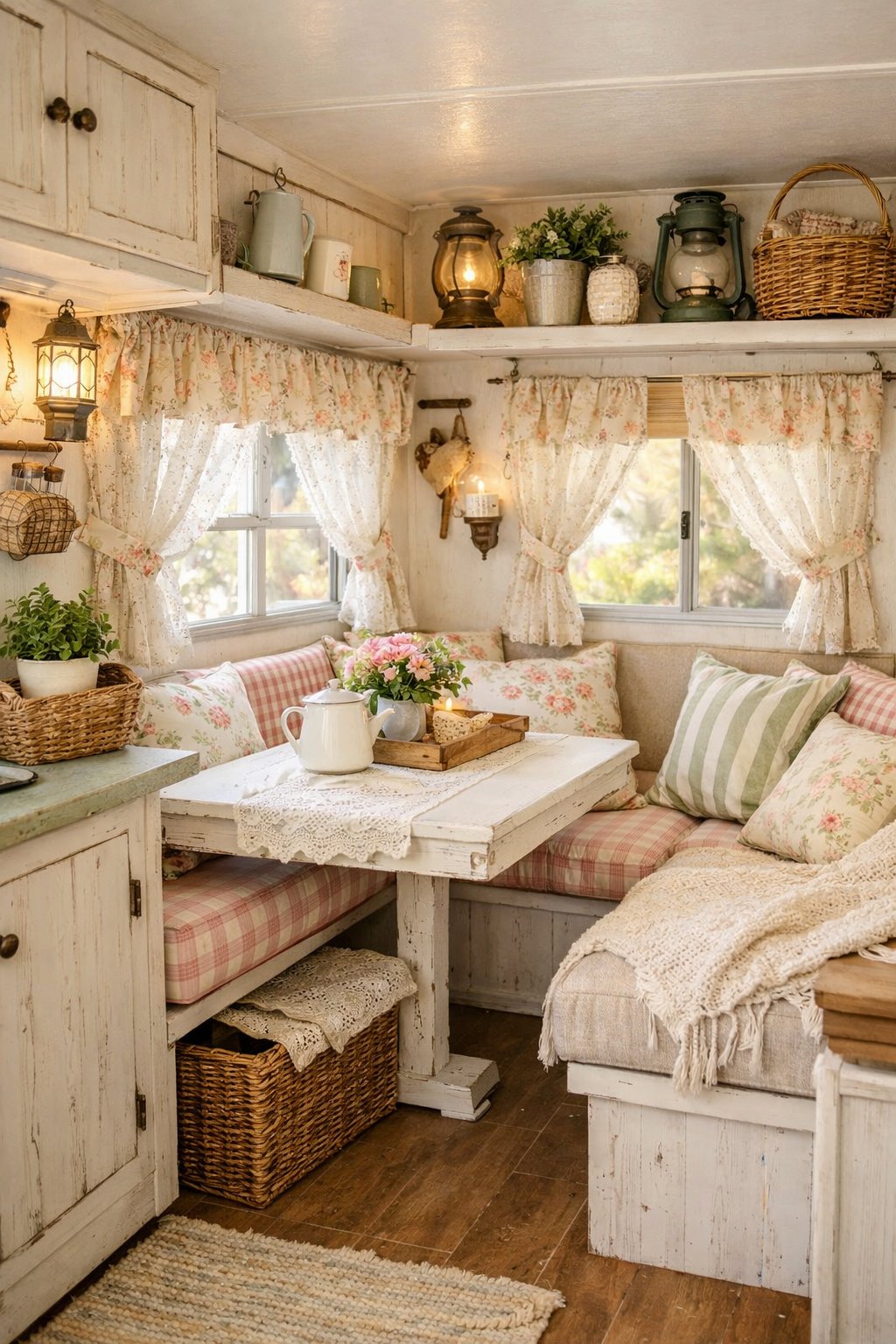 Interior of a cozy camper with wooden furniture, cushions, plants, and soft natural light.