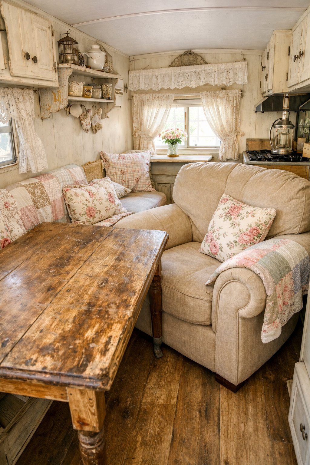 Interior of a small camper showing oversized furniture crowding the limited space, with vintage decor and natural light coming through a window.