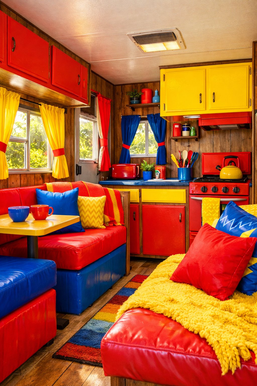 Interior of a camper decorated with bright, bold colors including red, blue, and yellow, featuring rustic furniture and sunlight streaming through small windows.