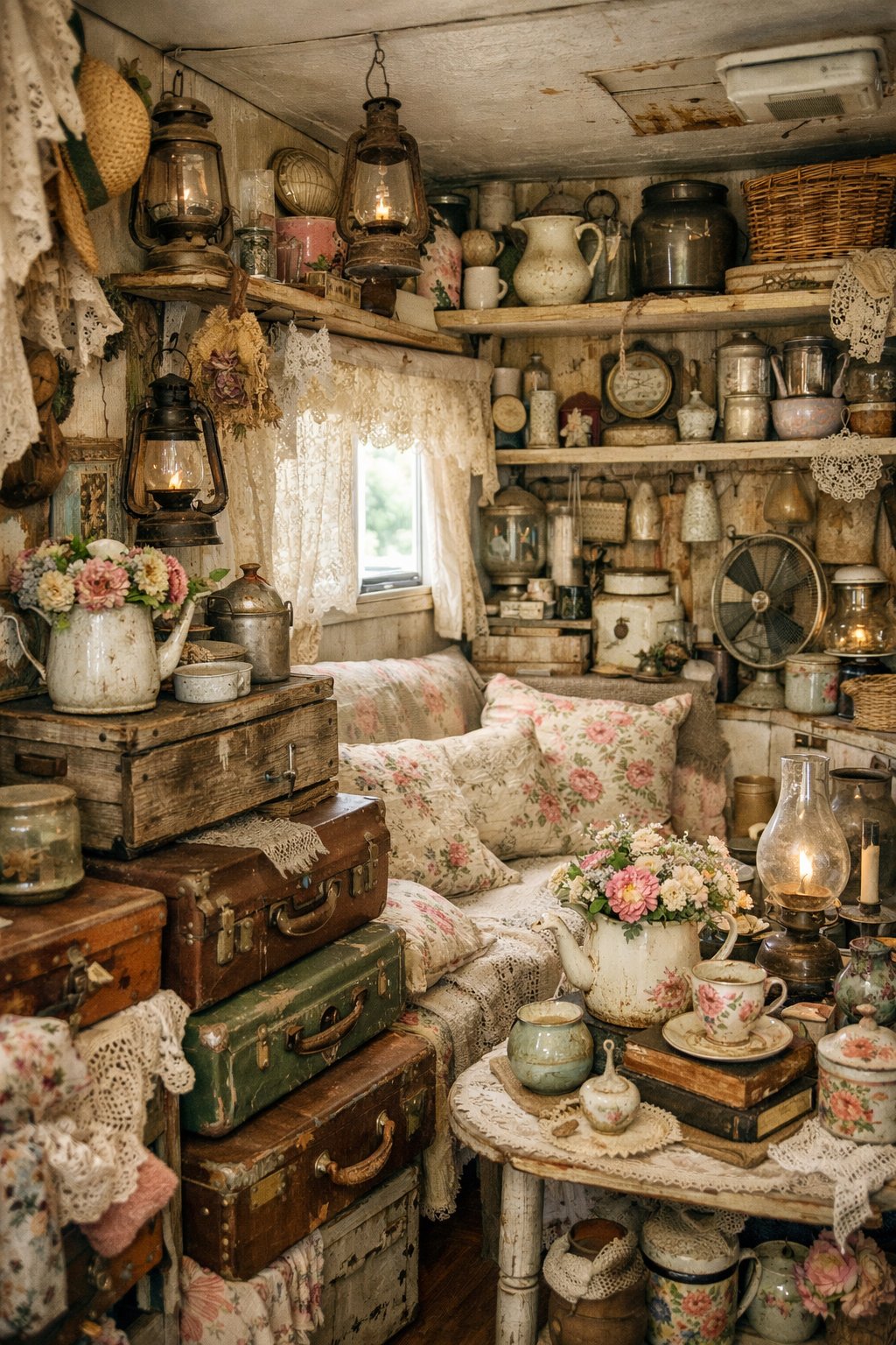 Interior of a small camper crowded with many vintage accessories and decorations, creating a busy and cluttered space.