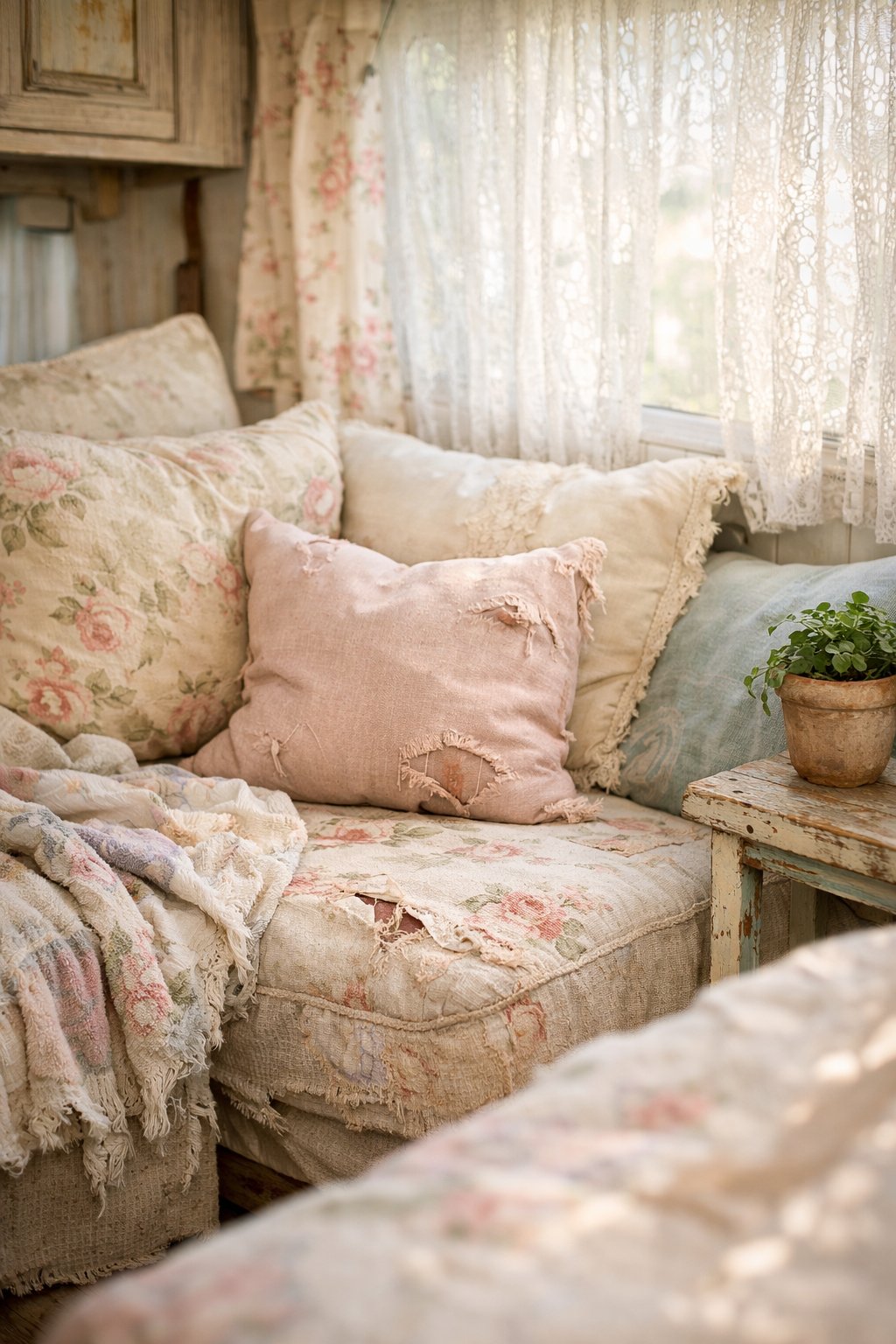 Interior of a camper showing a seating area with delicate, worn fabric upholstery and soft cushions, illuminated by natural light through lace curtains.
