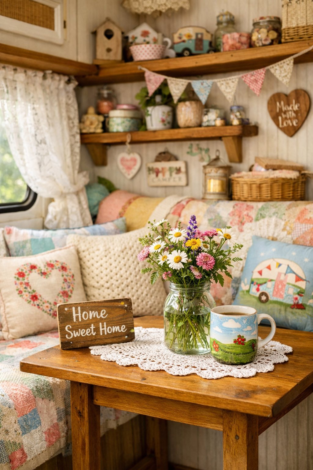 Interior of a camper with handmade cushions, embroidered pillows, fresh flowers on a table, and wooden shelves displaying small crafted items.