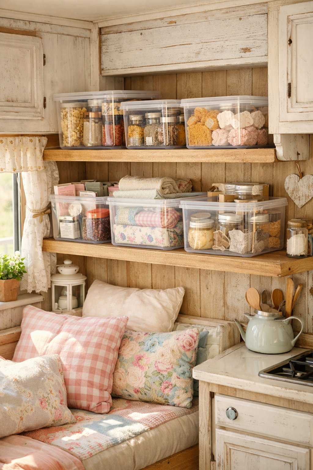 Interior of a vintage camper showing clear plastic containers used for storage on a wooden shelf with soft textiles and natural light.