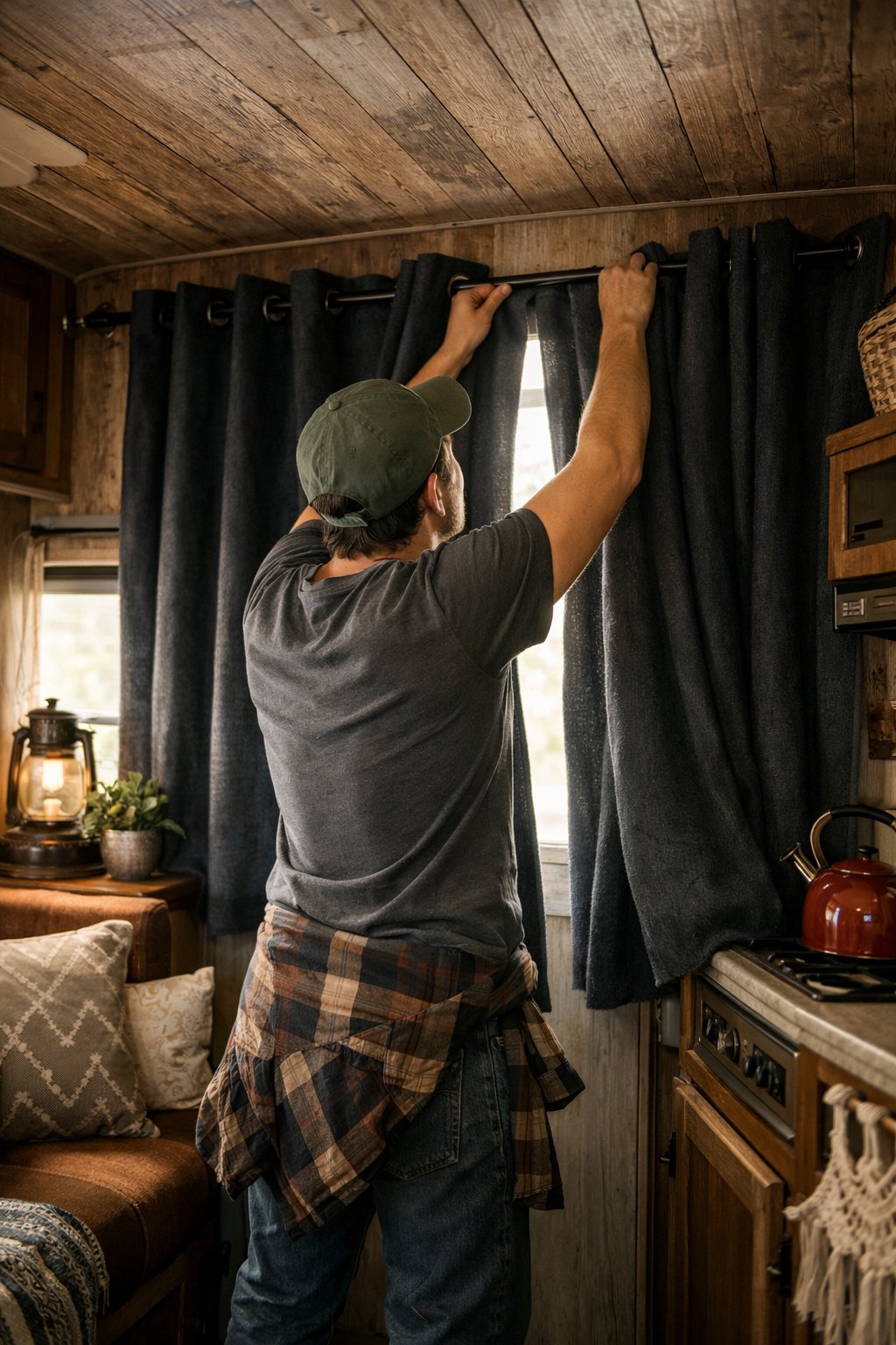 Person installing large curtains inside a camper, partially blocking sunlight through the windows.