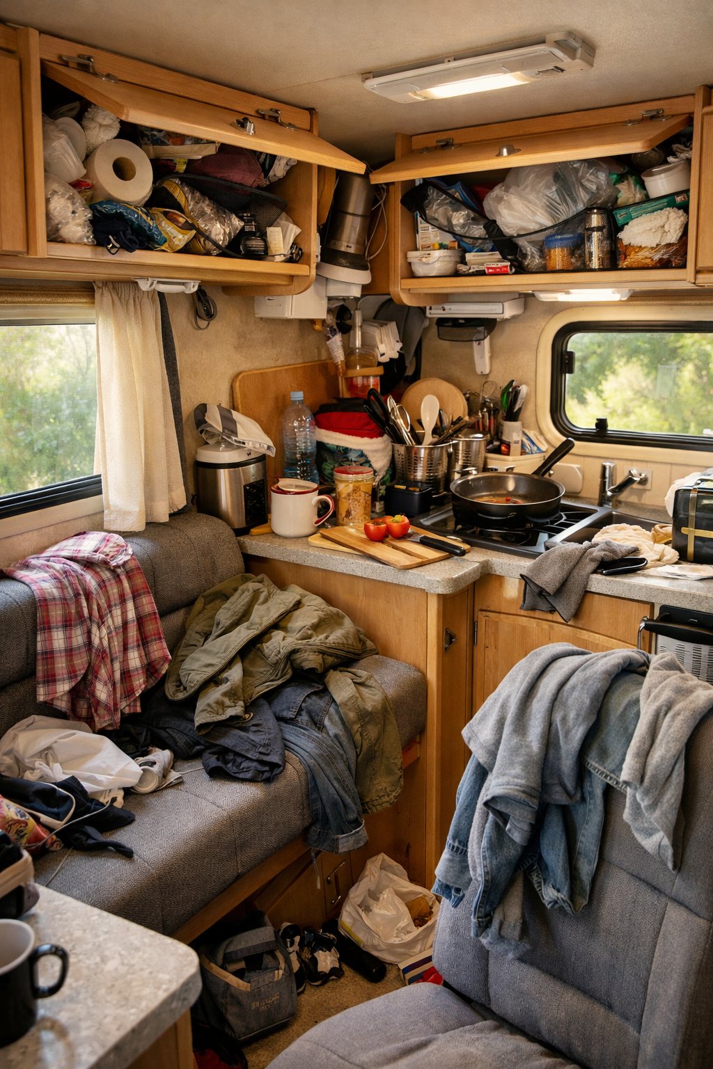 Interior of a small camper van with cluttered and disorganized belongings showing limited storage space.