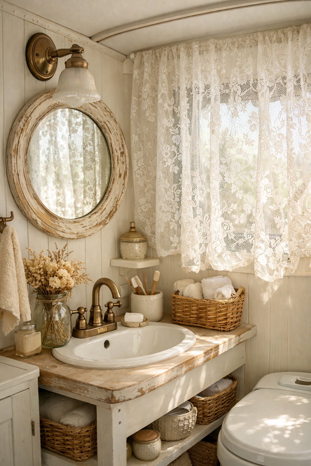 A small camper bathroom with floral lace curtains letting in natural light, a round mirror, a sink with rustic fixtures, and decorative dried flowers.
