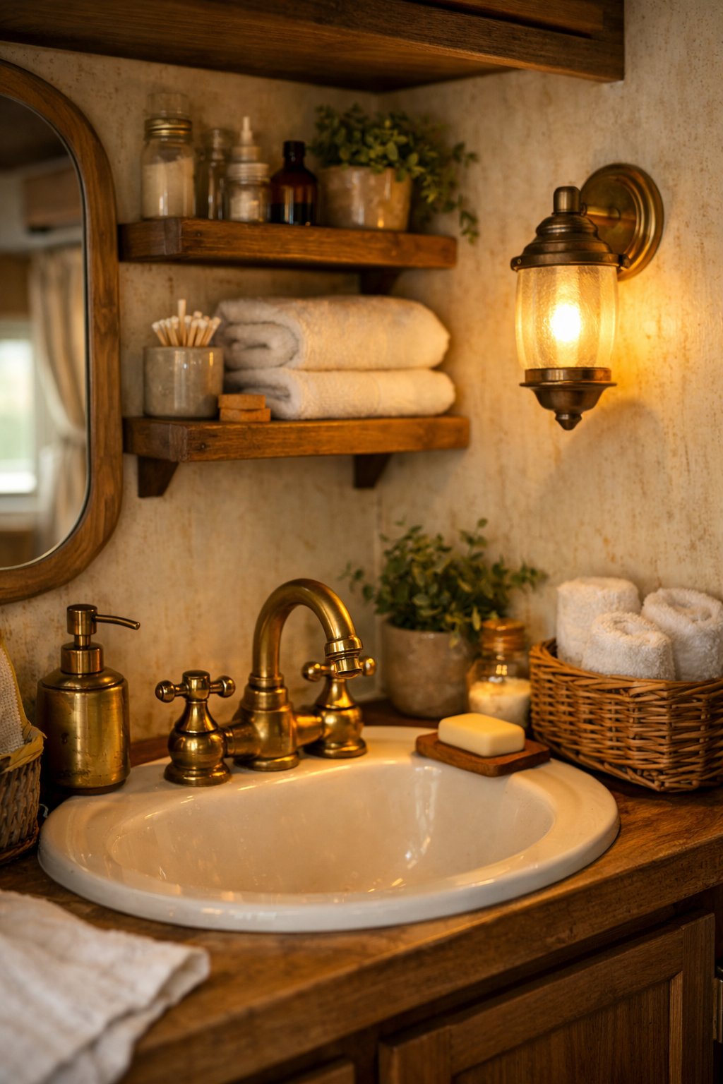 A camper bathroom with antique brass fixtures, a small sink, wooden shelves, towels, and soft warm lighting.