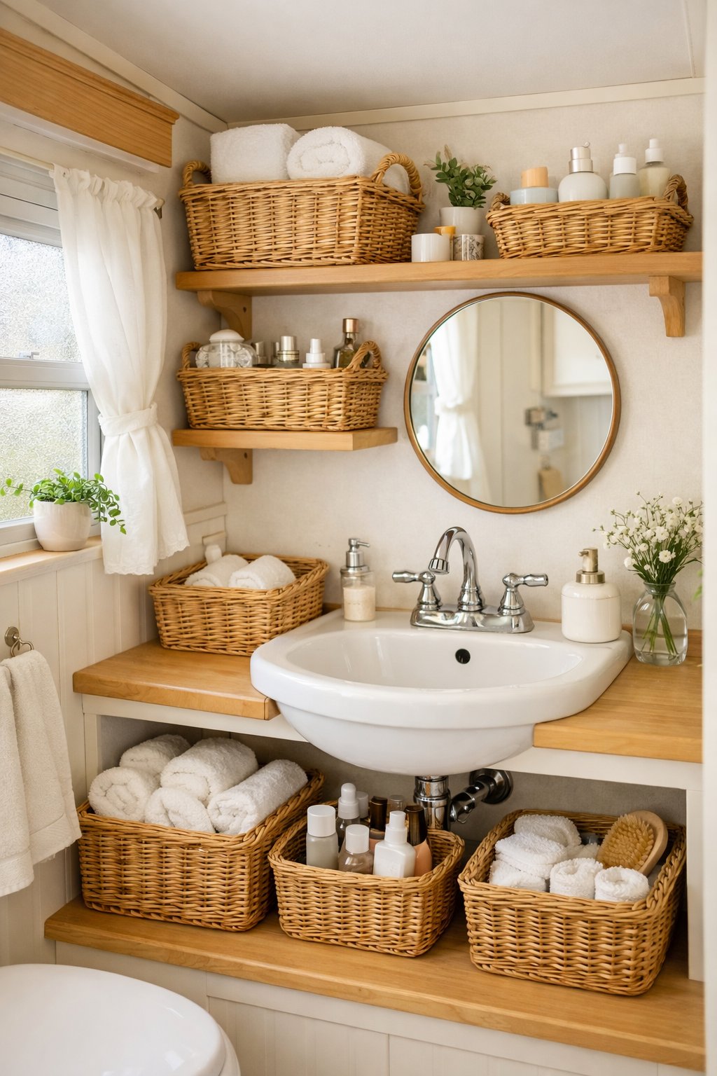Camper bathroom with wicker baskets on shelves and under the sink, containing toiletries and towels, with a small window, sink, mirror, and plants.