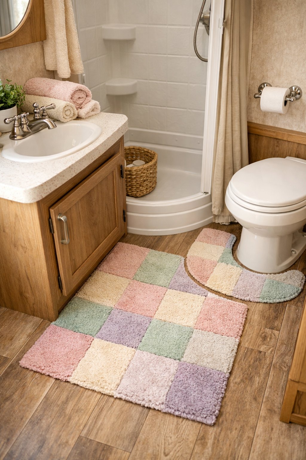 A small camper bathroom with pastel patchwork rugs on the floor, a sink, shower area, and wooden accents, softly lit and neatly arranged.