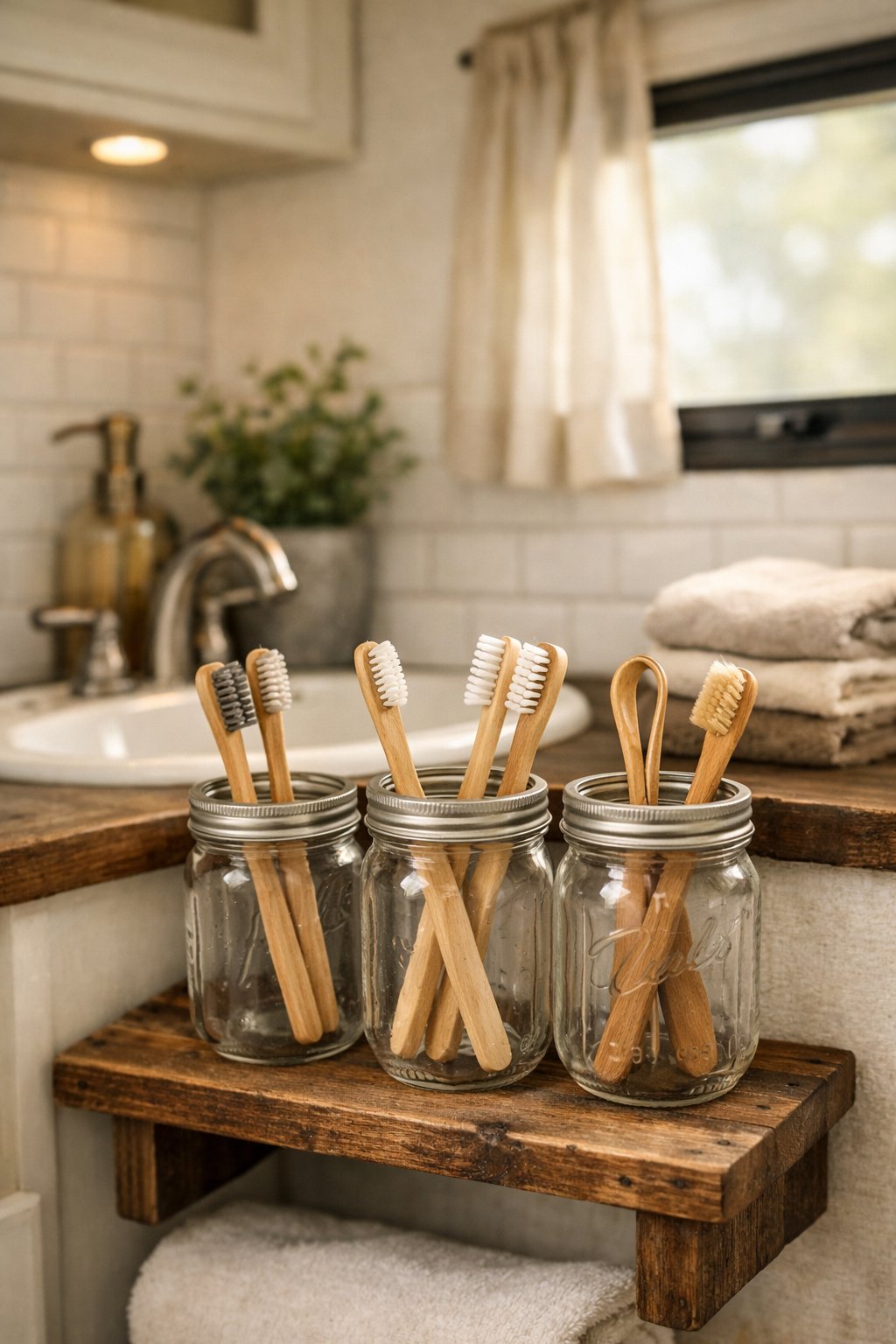 A camper bathroom sink area with mason jars holding toothbrushes on a wooden shelf, a small plant, and folded towels nearby.