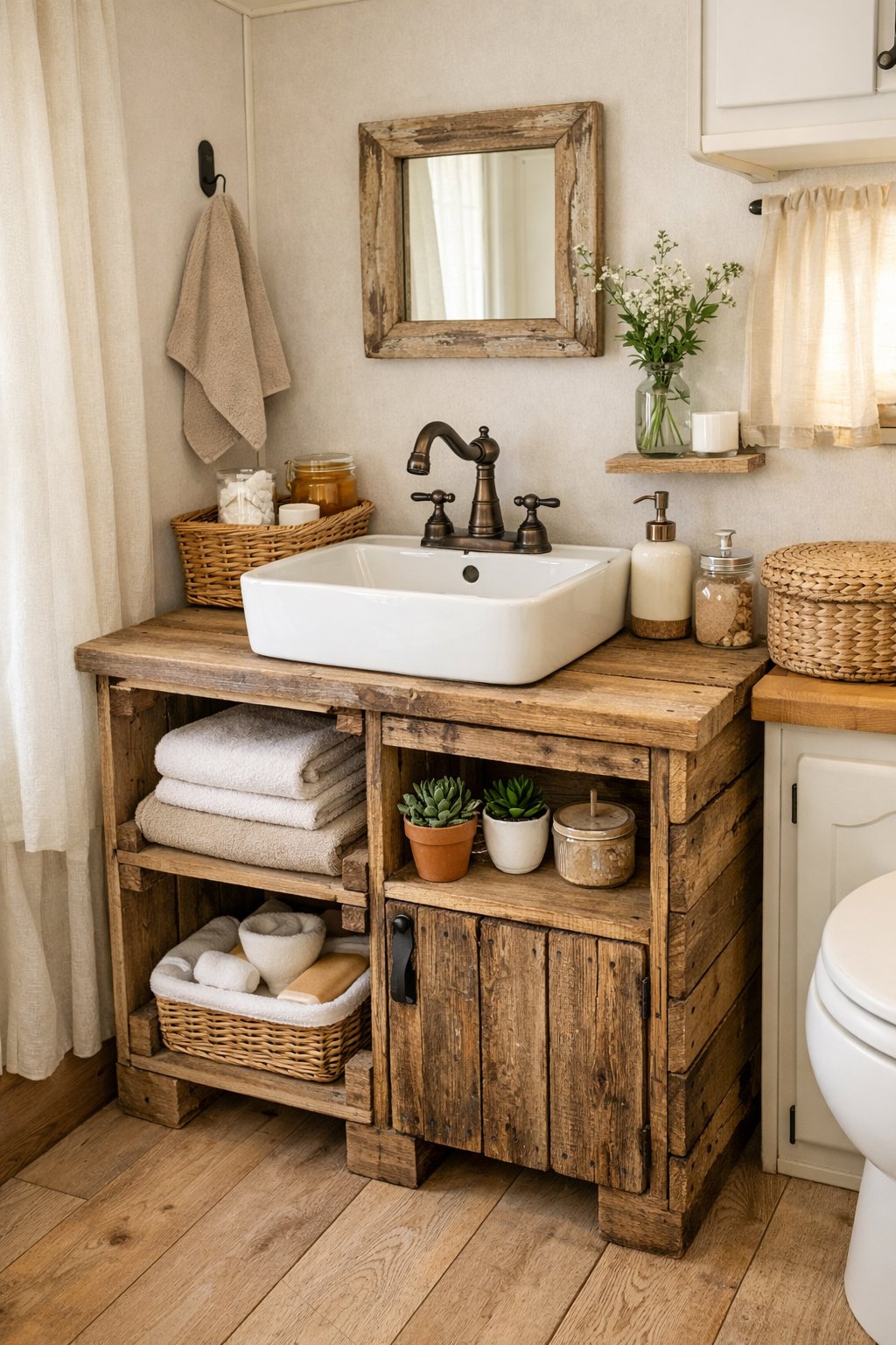 A camper bathroom with a wooden crate vanity holding a white sink, towels, and plants, surrounded by light walls and natural light.