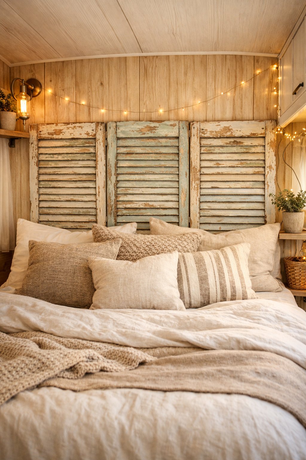 A camper bed with a headboard made from repurposed vintage wooden shutters, surrounded by cozy bedding and warm interior details.
