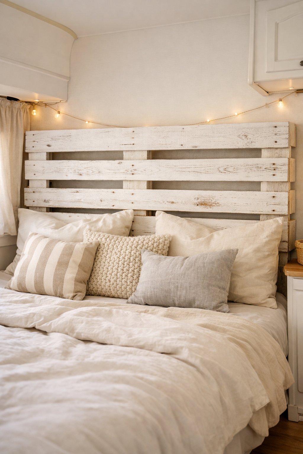 A camper bed with a headboard made from white painted wooden pallets, neatly arranged with bedding and pillows inside a camper interior.