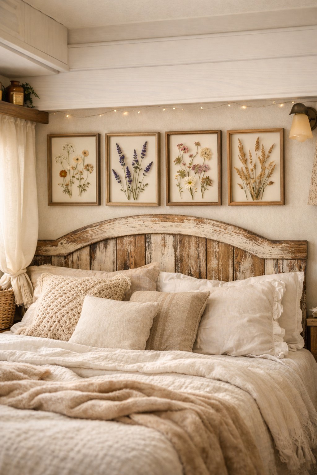 A camper bed with a wooden headboard decorated with pressed flower art in shadow boxes, surrounded by soft bedding and natural light.