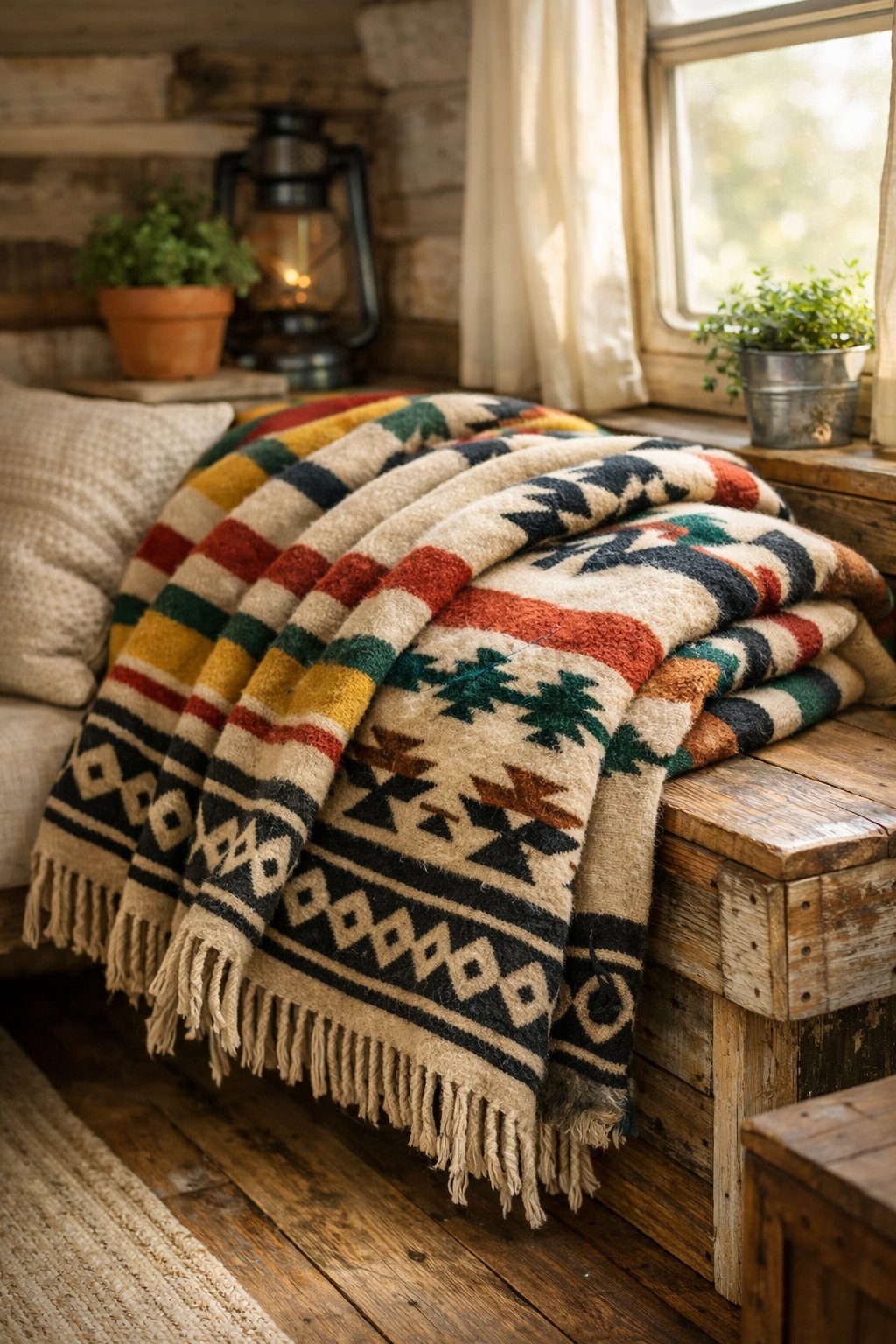A wool throw blanket draped over a wooden bench inside a camper with soft natural light and cozy decor.