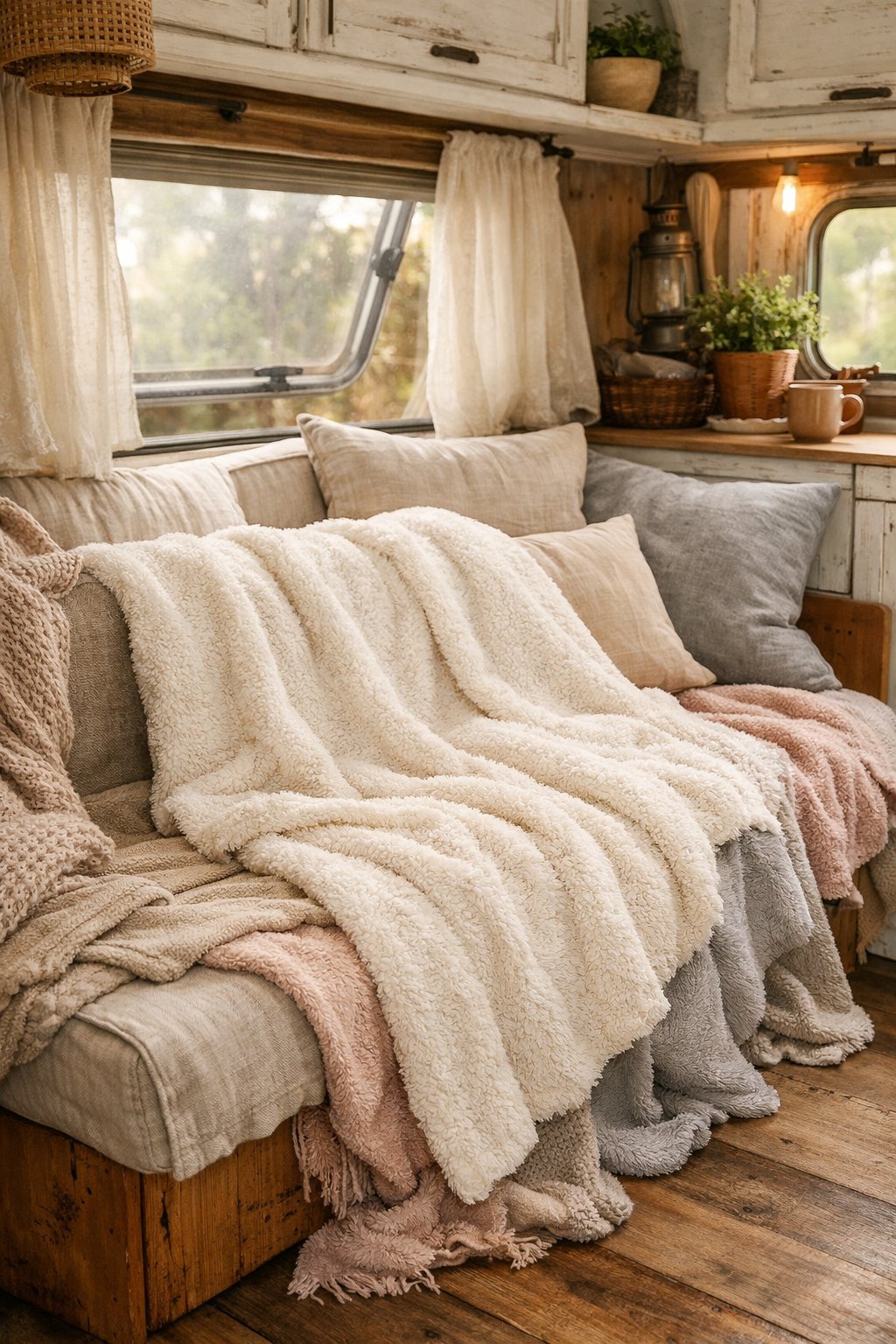 A cozy camper interior with a soft throw blanket draped over a bench surrounded by other blankets and warm natural light.