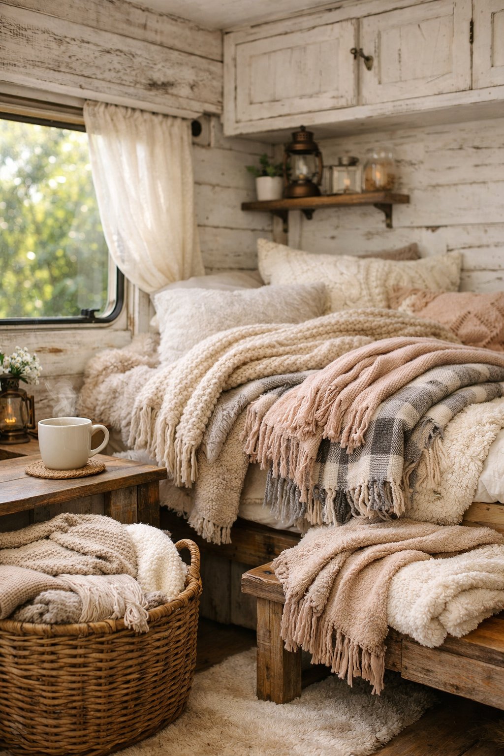Interior of a camper with soft blankets draped over wooden benches and a bed, sunlight coming through a window, and cozy decor elements.