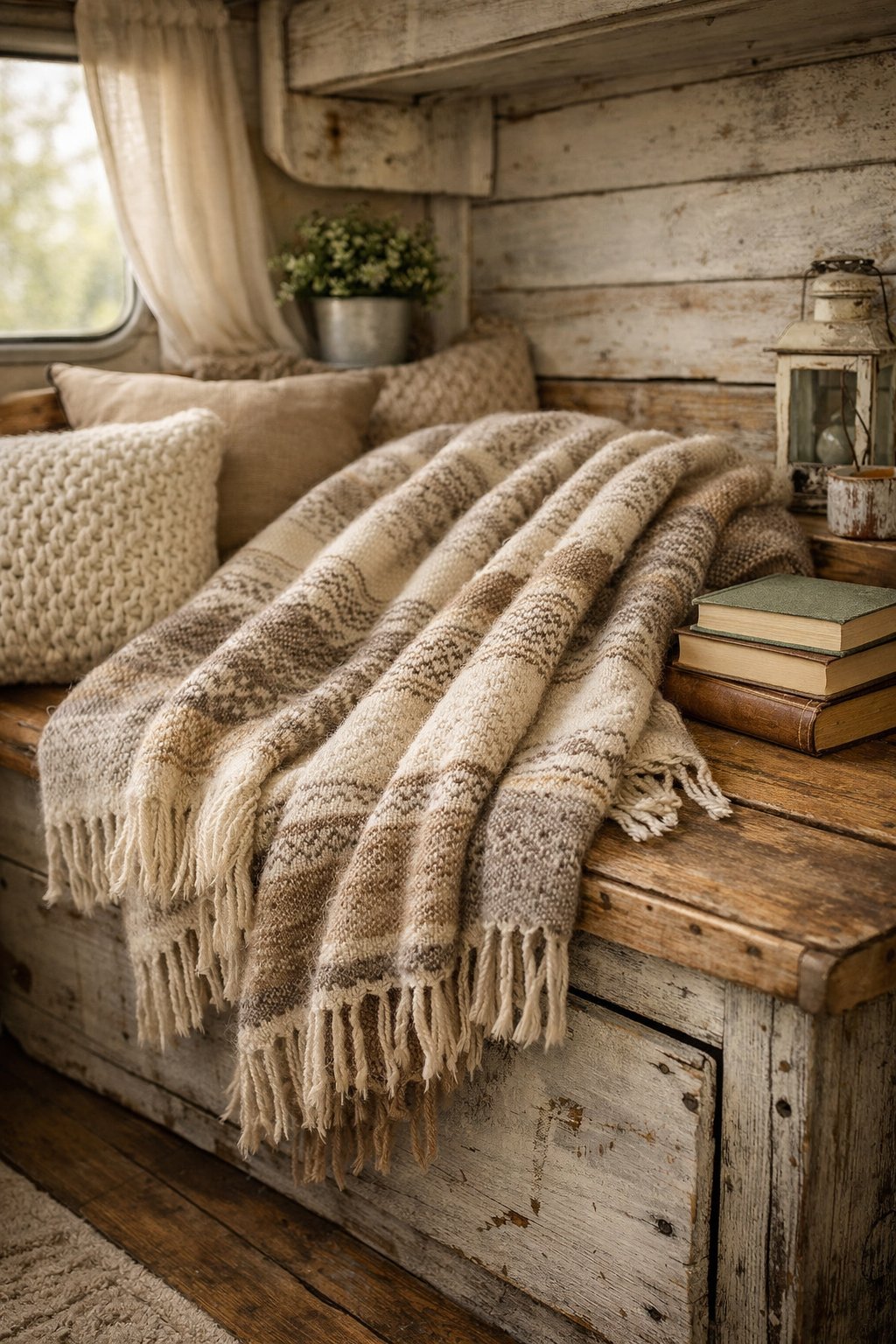 A handwoven alpaca throw blanket draped over a wooden bench inside a camper, surrounded by pillows and soft natural light.