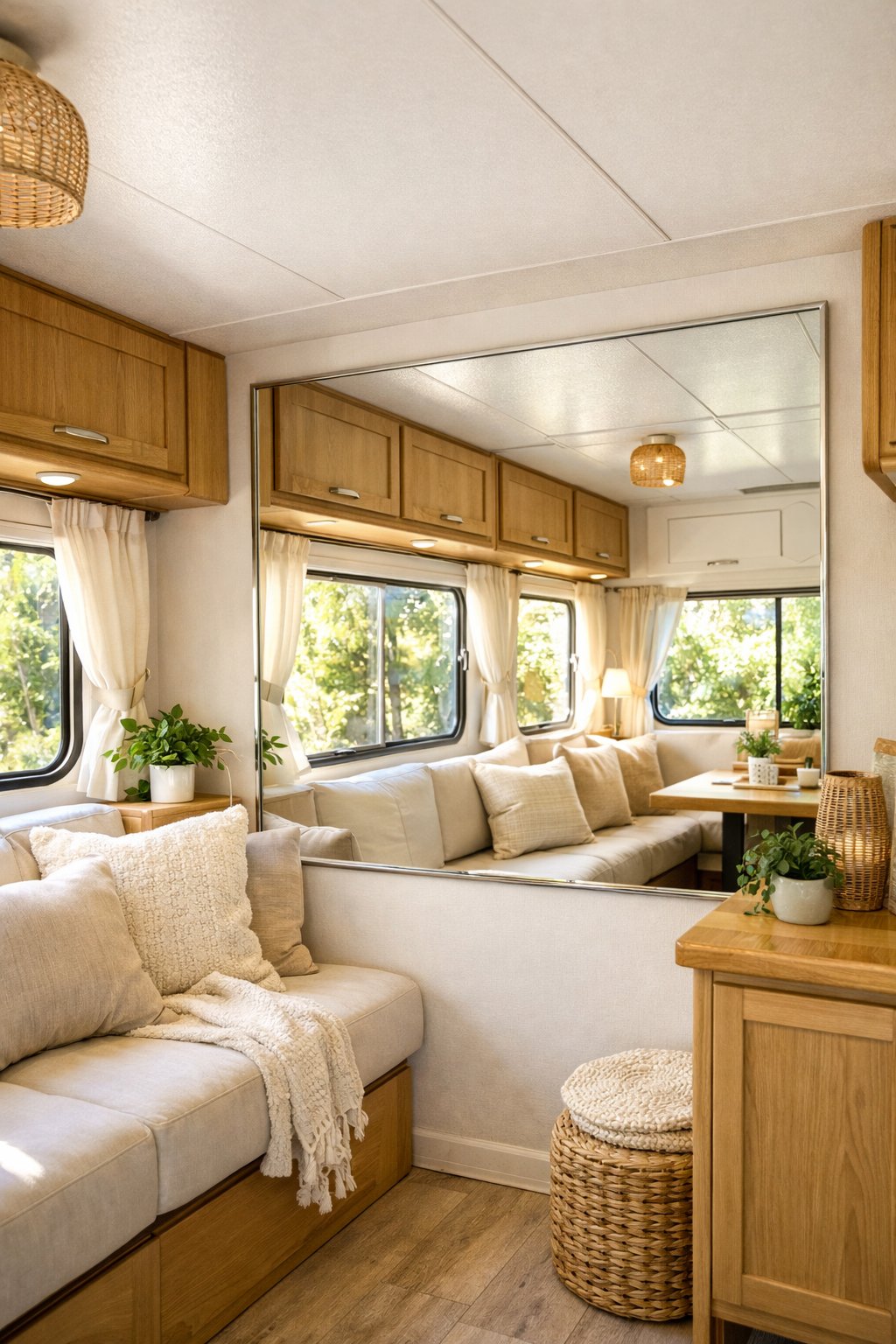 Interior of a camper with a large wall mirror reflecting sunlight from opposite windows, making the space appear brighter and larger.
