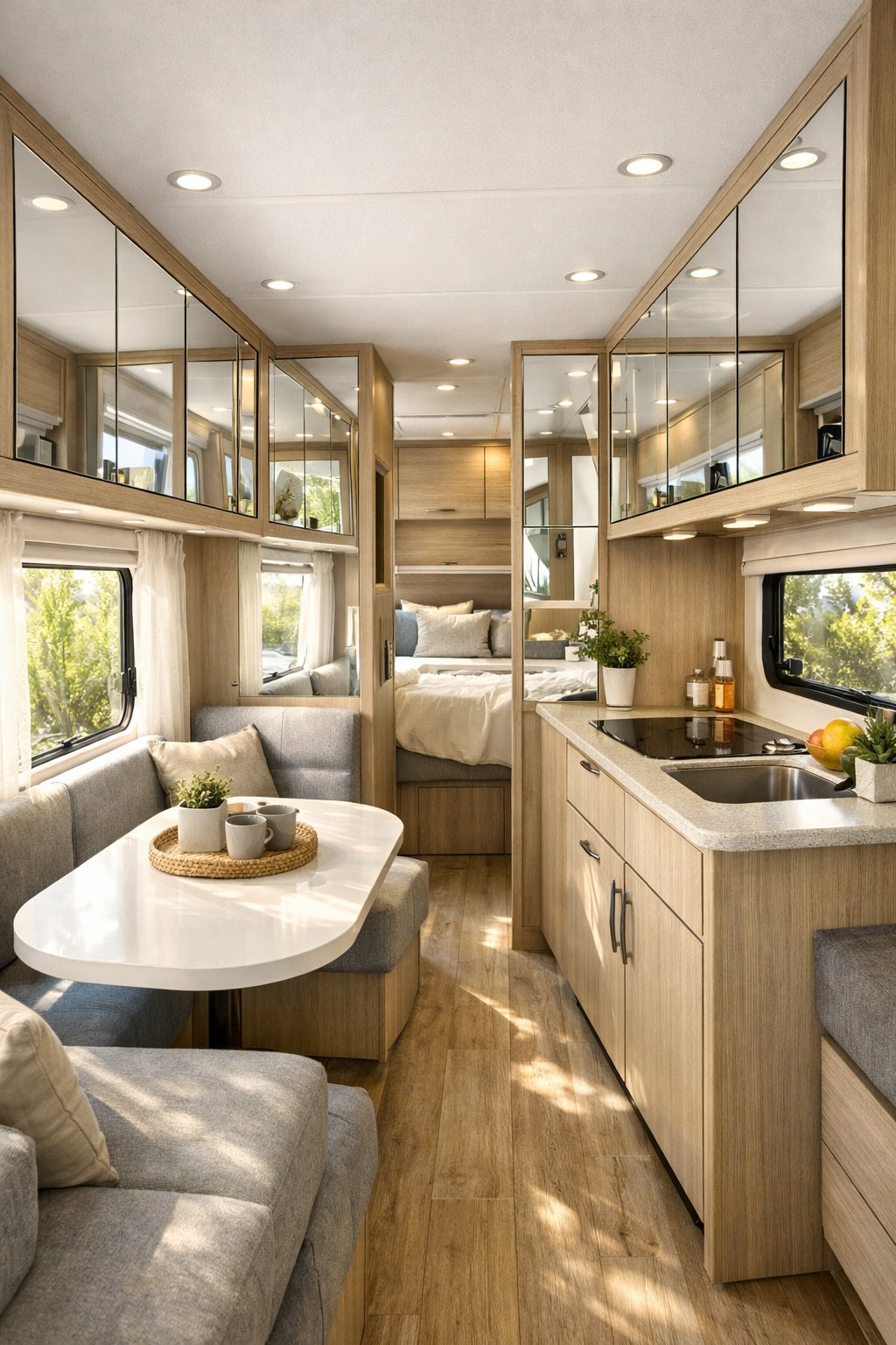 Interior of a camper with mirrored cabinet doors reflecting light, making the space look bigger and brighter.