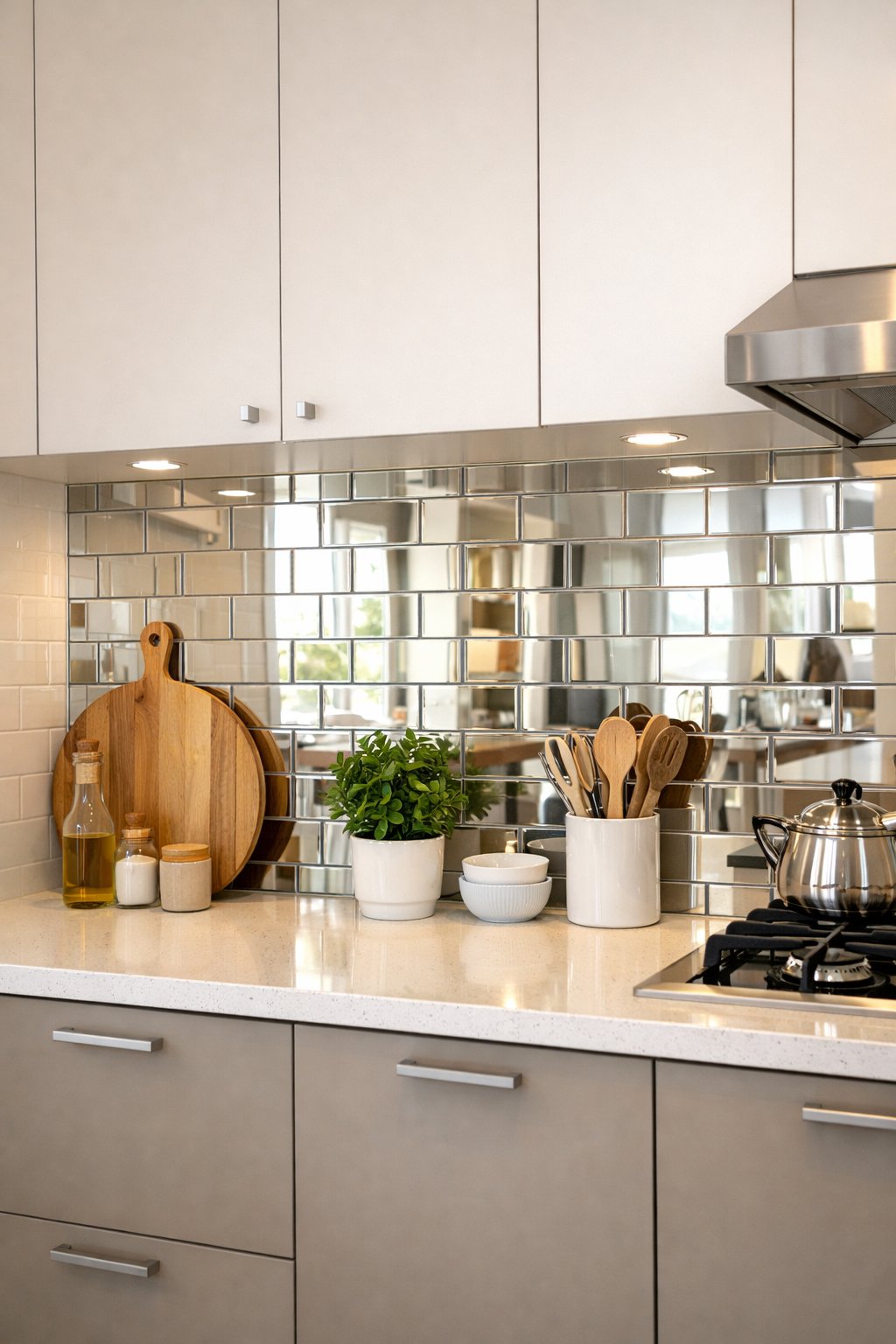 A bright kitchen with mirrored tile backsplash reflecting light, modern cabinets, and a clean countertop with kitchen accessories.