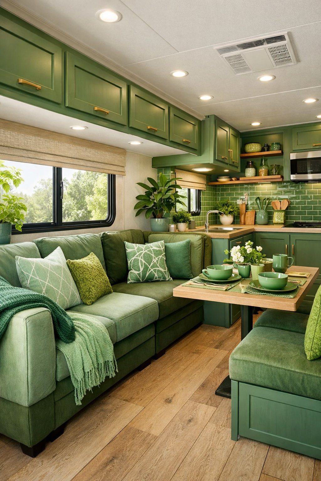 Interior of an RV featuring various green color shades in furniture, walls, and decor, with natural light and plants creating a fresh and cozy atmosphere.